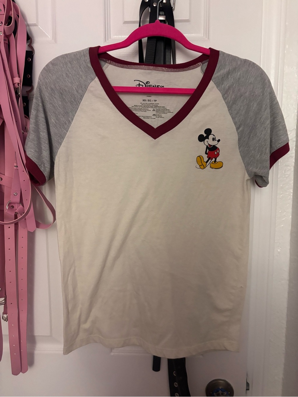 Disney Cream V-Neck Raglan Tee with Mickey and Gray Sleeves